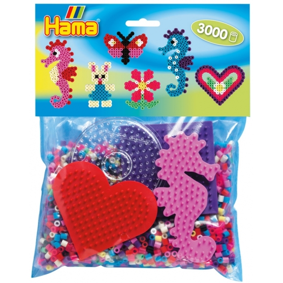 pack de inicio caballito de mar (3000 piezas y 4 placas pegboards) hama beads midi