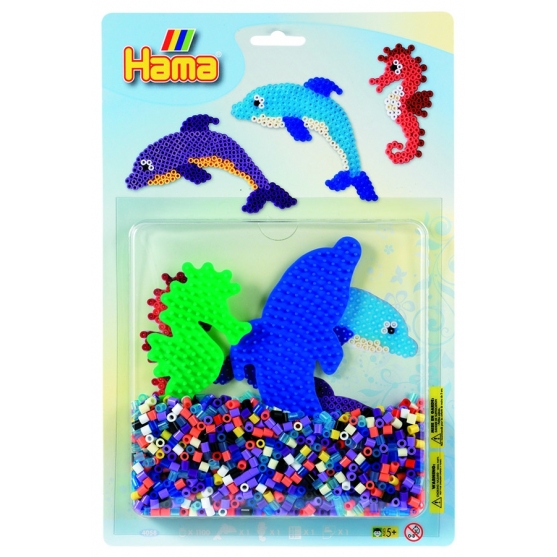 blister delfín y caballito de mar (1100 piezas y 2 placas pegboards) hama beads midi