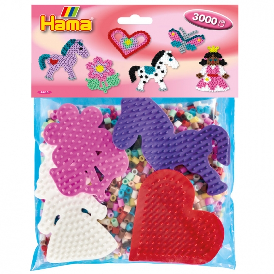 pack de inicio poni, flor, princesa (3000 piezas y 4 placas pegboards) hama beads midi