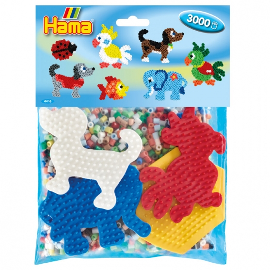 pack de inicio elefante, loro, perro (3000 piezas y 4 placas pegboards) hama beads midi